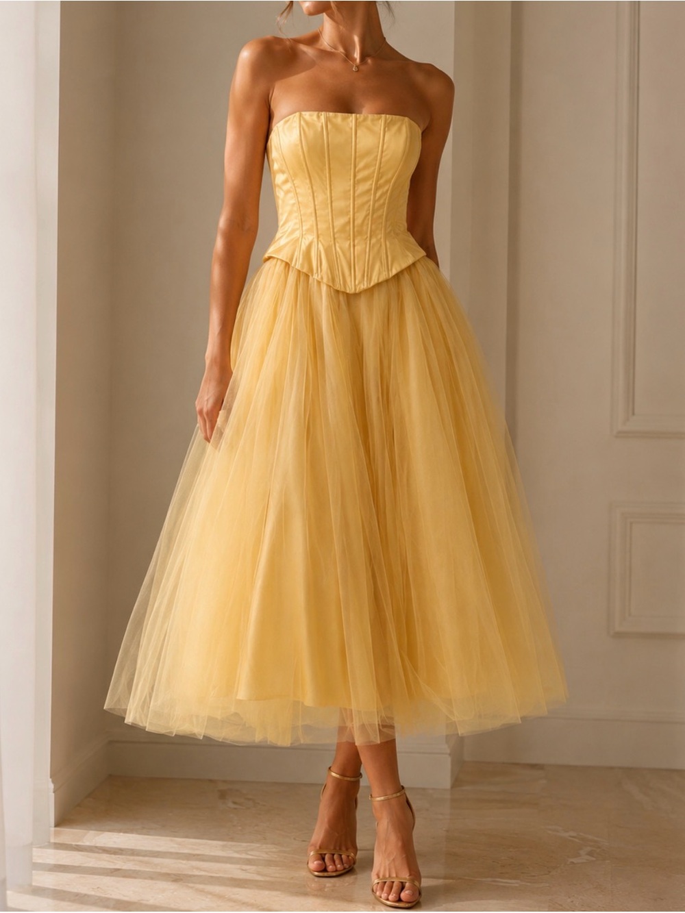 Jessica McClintock Strapless Belle Tulle Skirt Gown in yellow size 10